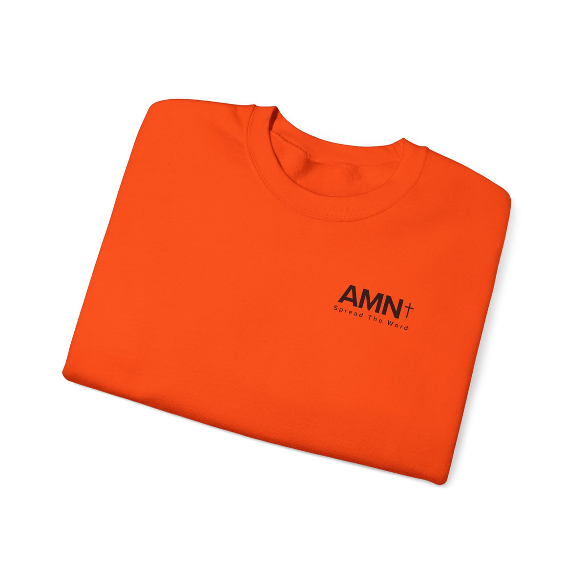 Orange crewneck sweater with small AMN+ logo on front
