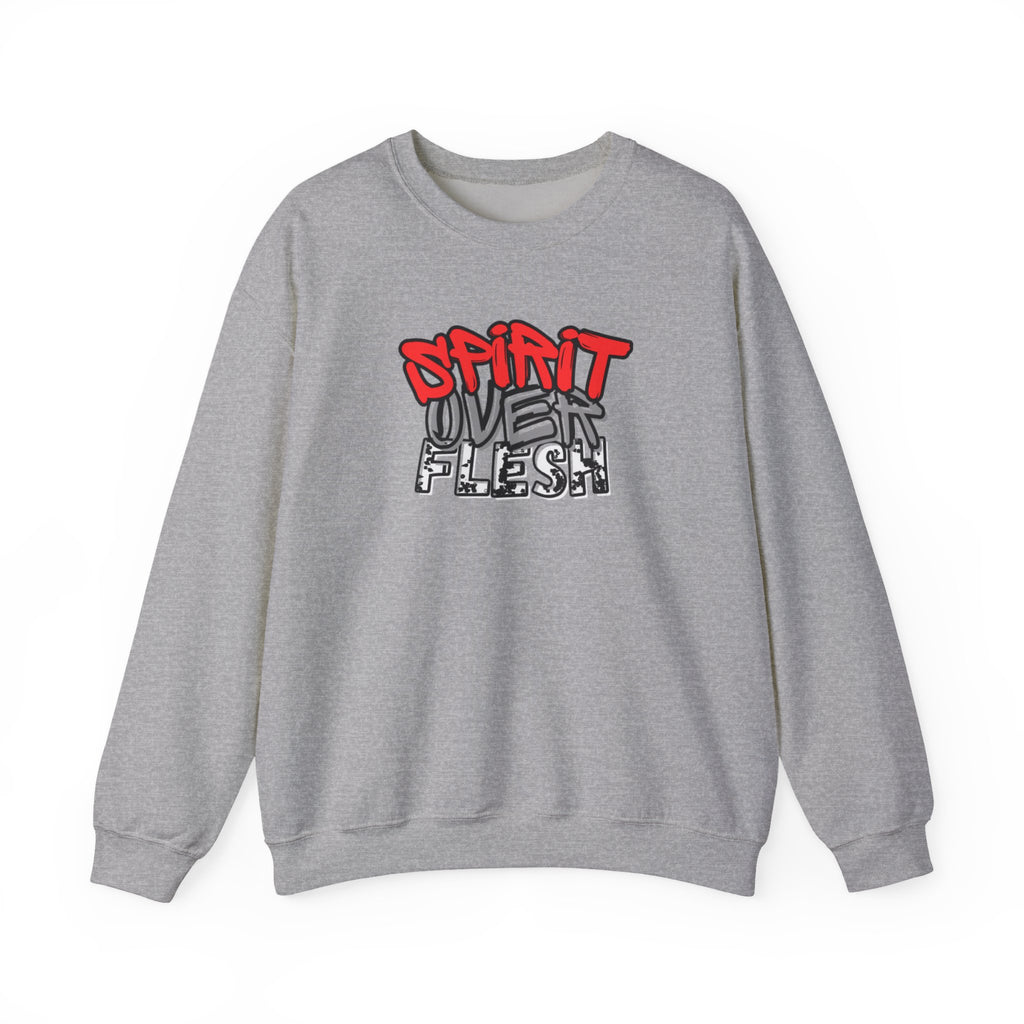 Heather gray crewneck sweater with Spirit Over Flesh graphic print