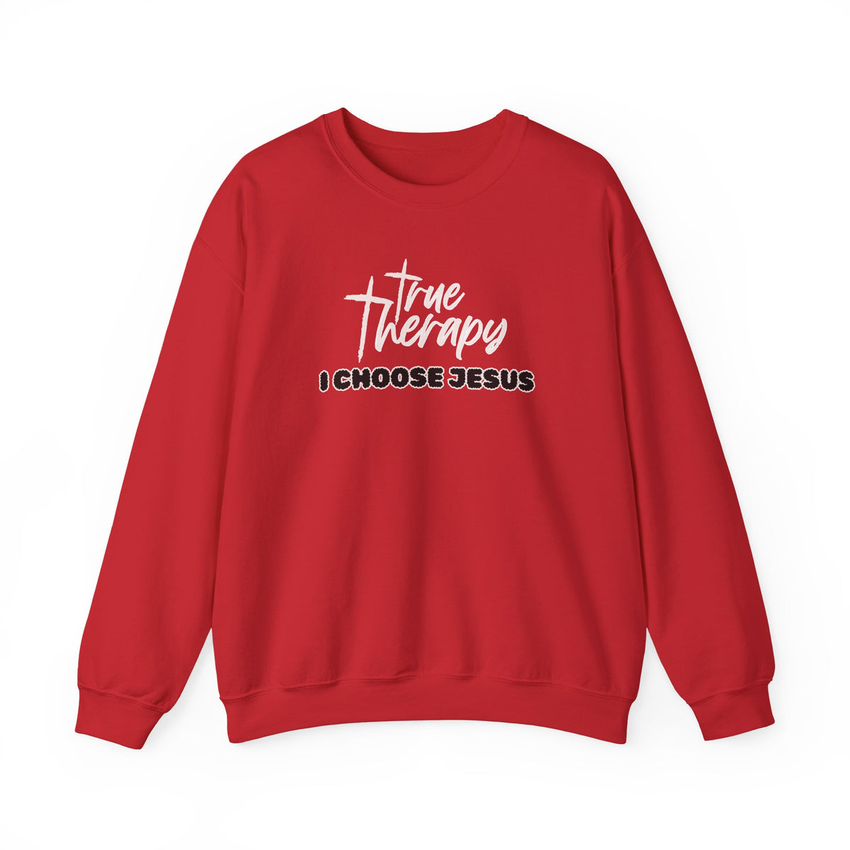 Red crewneck sweater with long sleeves and front graphic print
