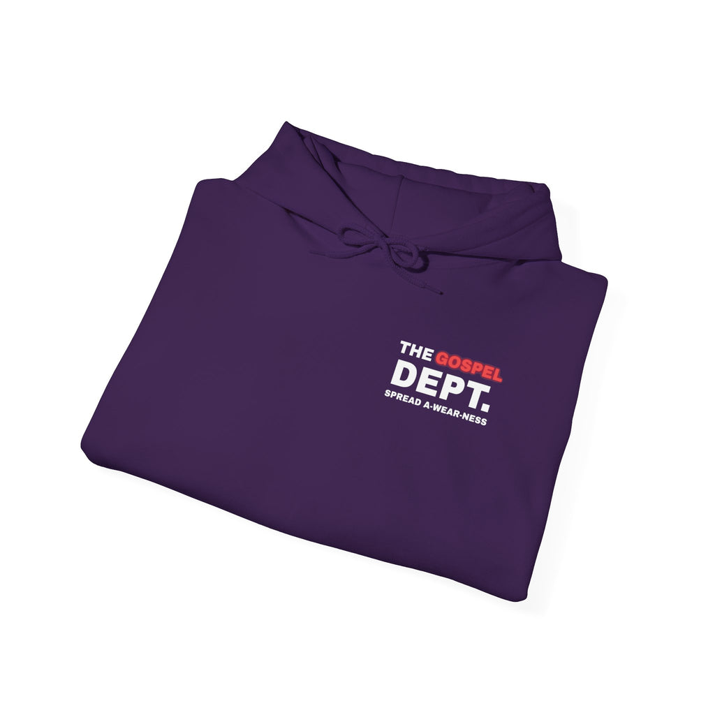 Dark purple pullover hoodie with front pocket and chest logo print