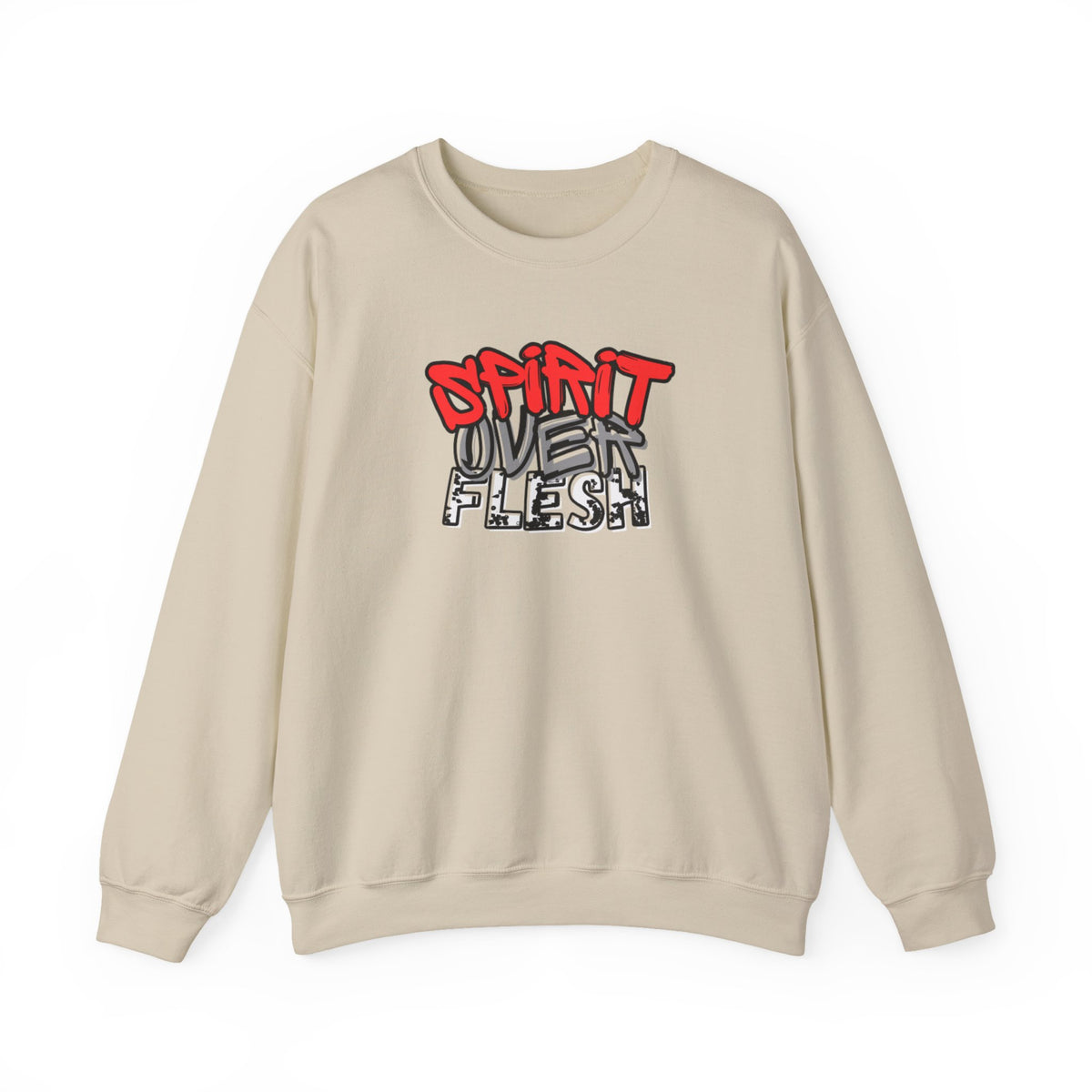 Cream crewneck sweater with red and white graphic logo on chest