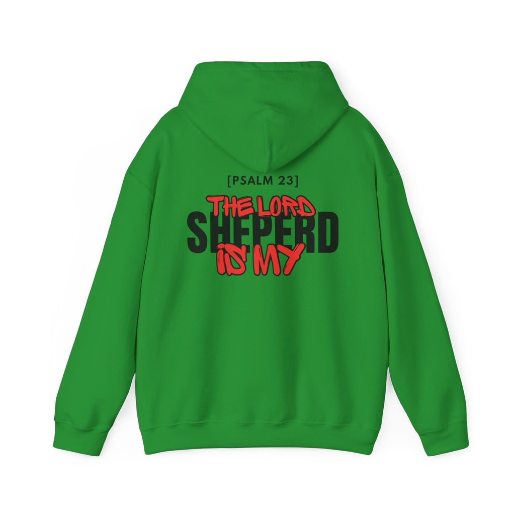 Bright green hoodie with back print: '[PSALM 23] THE LORD SHEPHERD IS MY'