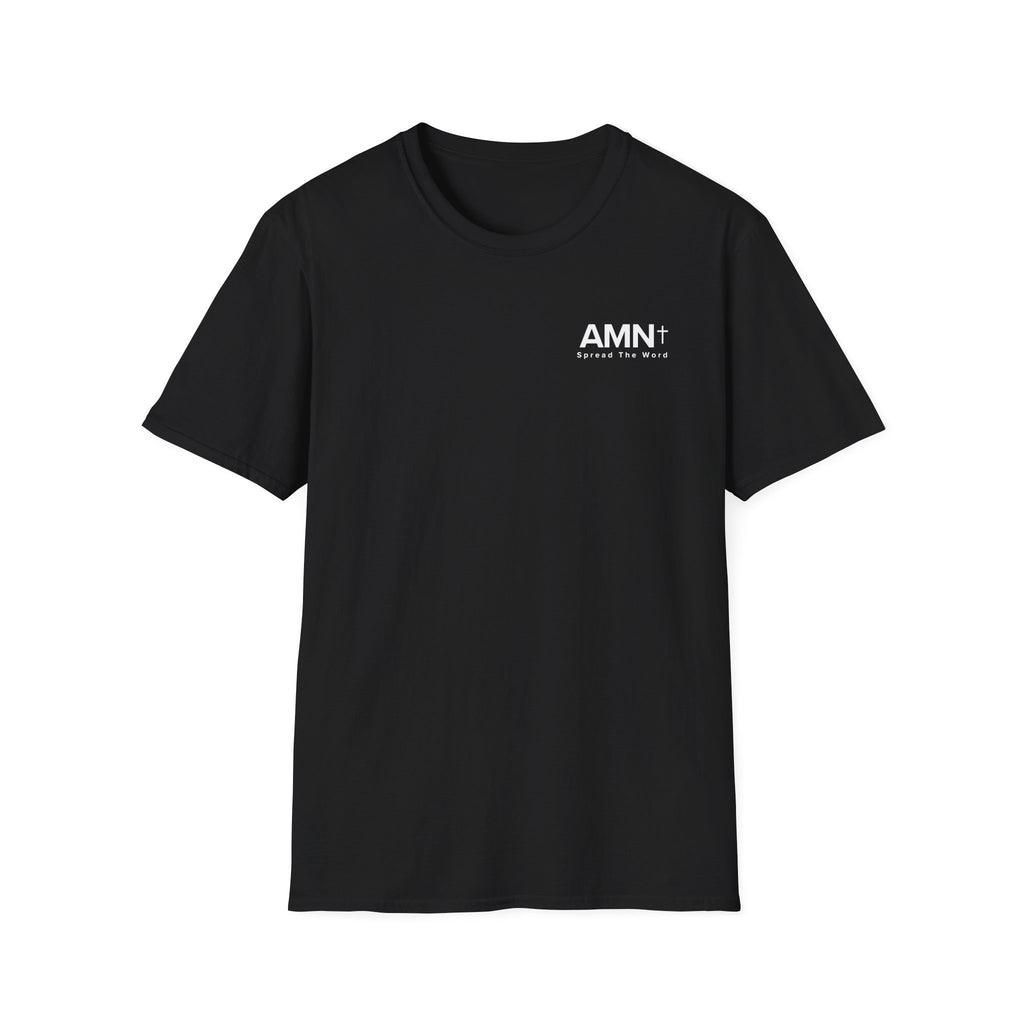 Black T-shirt with small AMN+ logo on chest