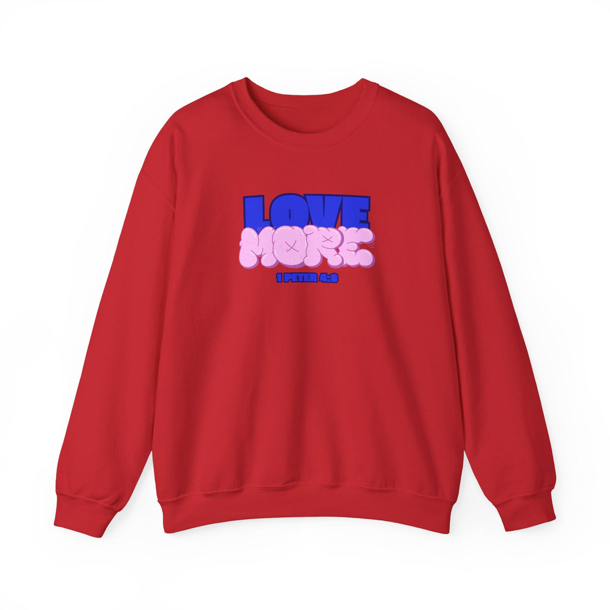 Red crewneck sweater with long sleeves; pink LOVE graphic and text on front