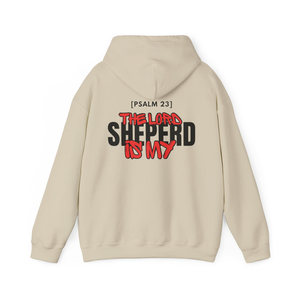 Light beige pullover hoodie with hood and large back graphic, [PSALM 23] text