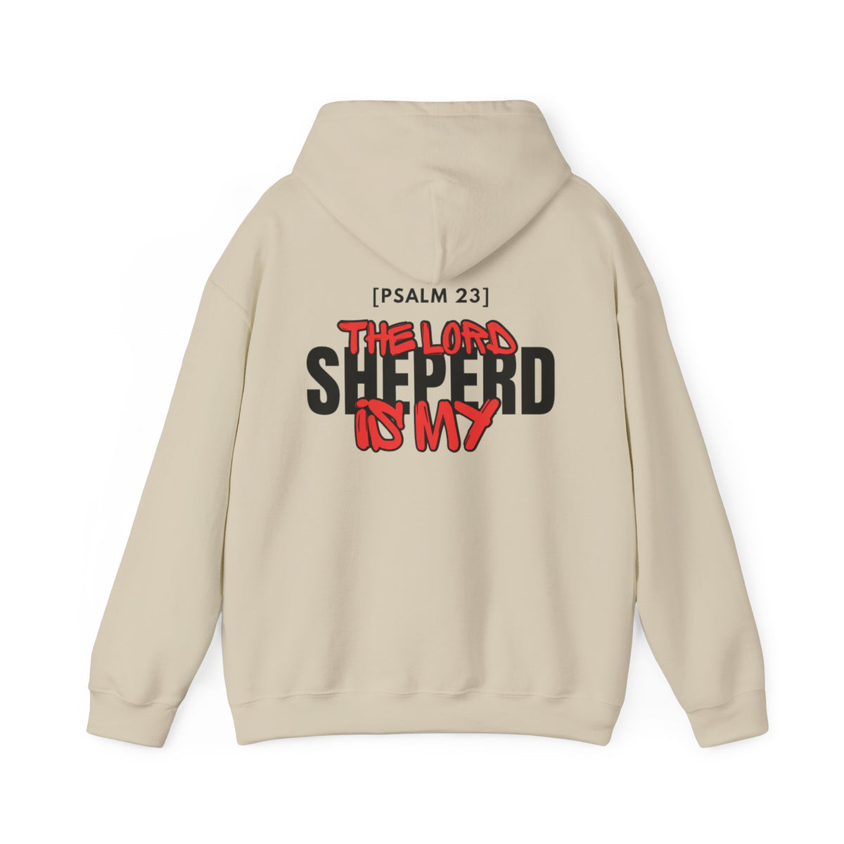Light beige pullover hoodie with hood and large back graphic, [PSALM 23] text