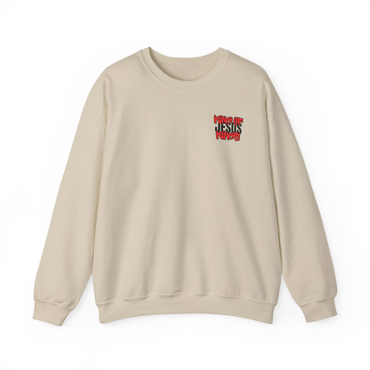 Beige crewneck sweater with small red and blue chest graphic on right side.
