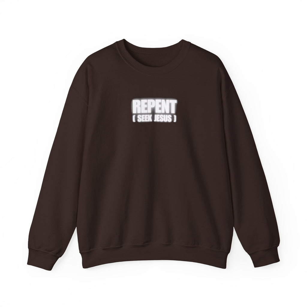 Dark brown crewneck sweater with front text logo reading “REPENT I SEEK JESUS”