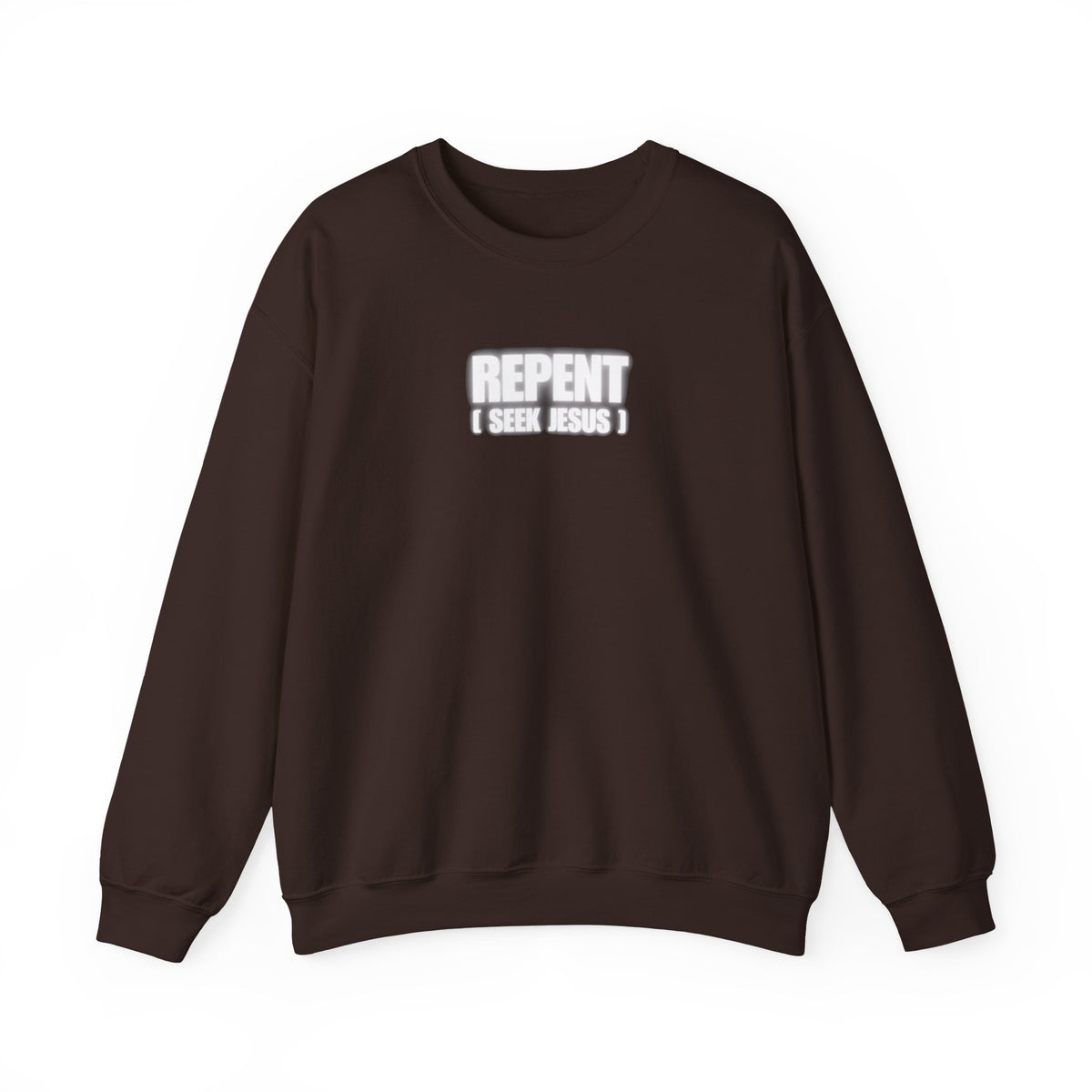 Dark brown crewneck sweater with front text logo reading “REPENT I SEEK JESUS”