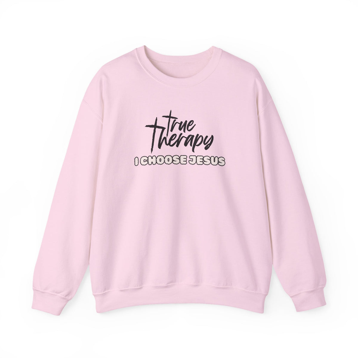 Light pink crewneck sweater with long sleeves and front graphic print