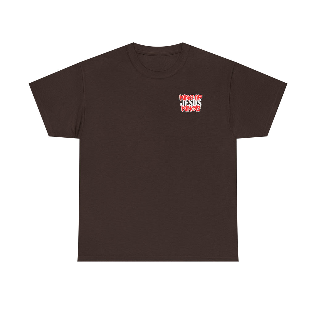 Dark brown T-shirt with small red and white chest logo graphic