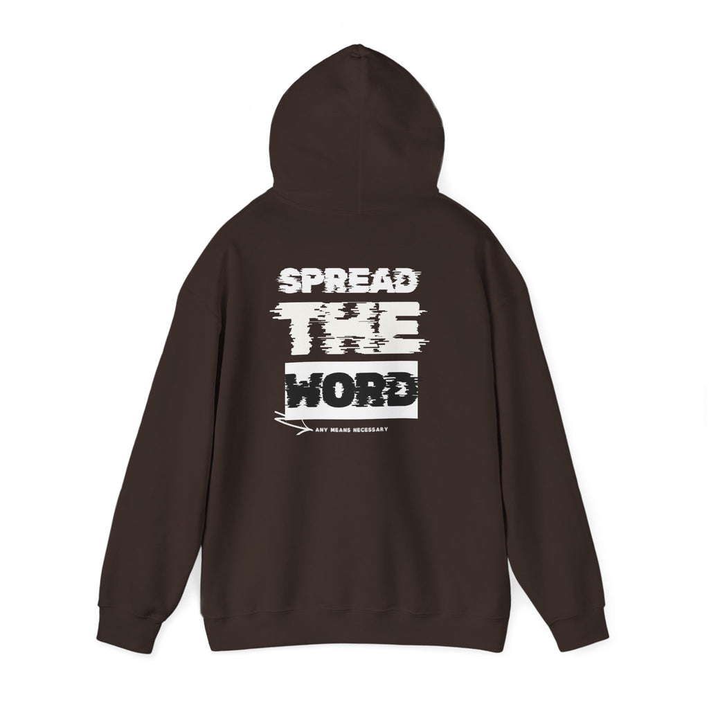 Dark brown pullover hoodie with hood and large back graphic text print