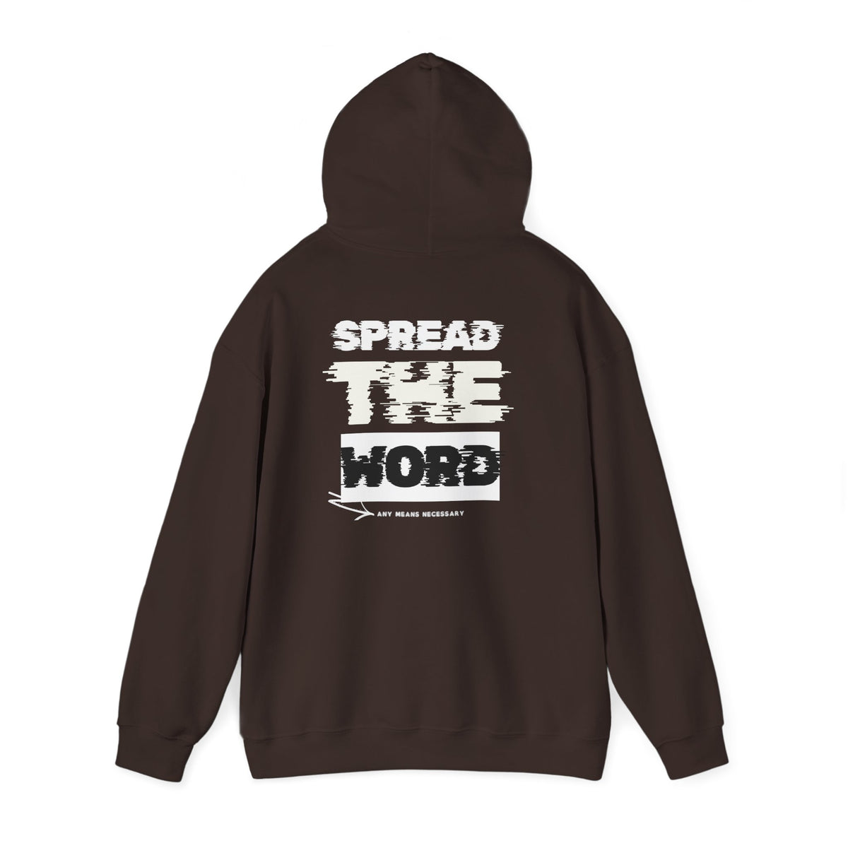 Dark brown pullover hoodie with hood and large back graphic text print