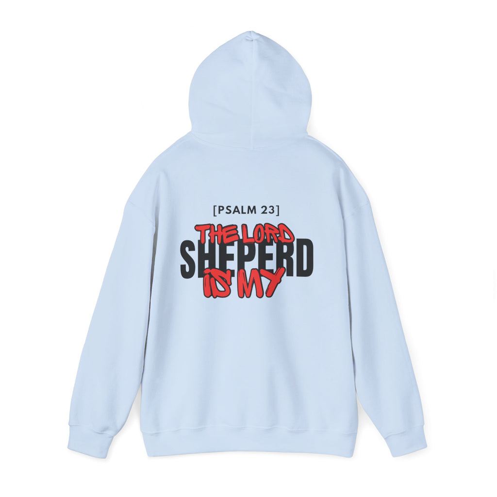 Back view light blue pullover hoodie with hood and central printed chest graphic