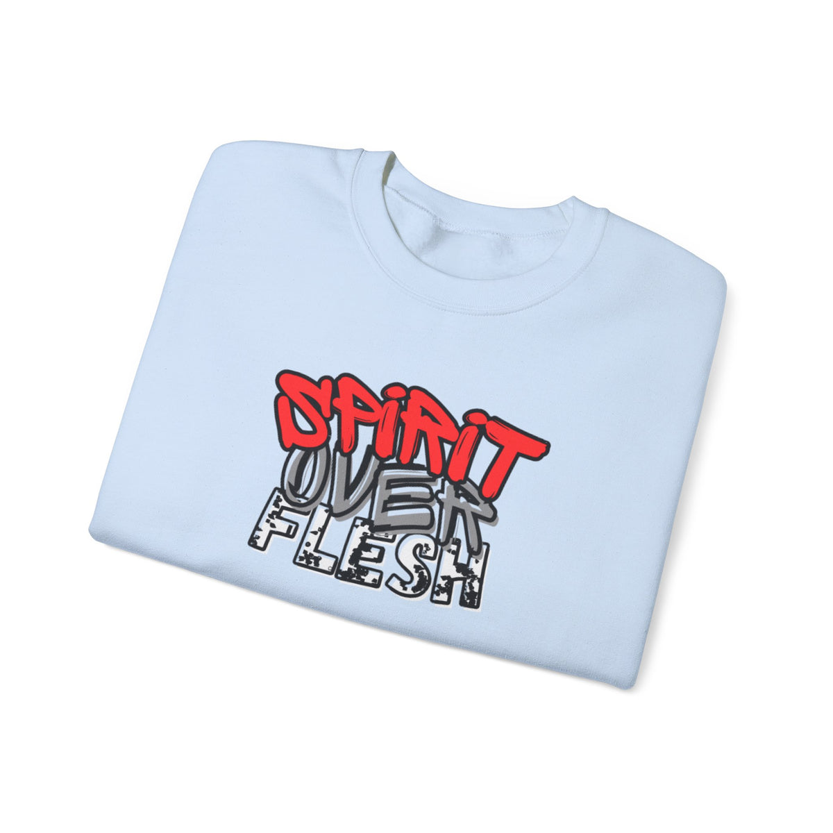Light blue sweater with red-and-white “Spirit Over Flesh” front graphic