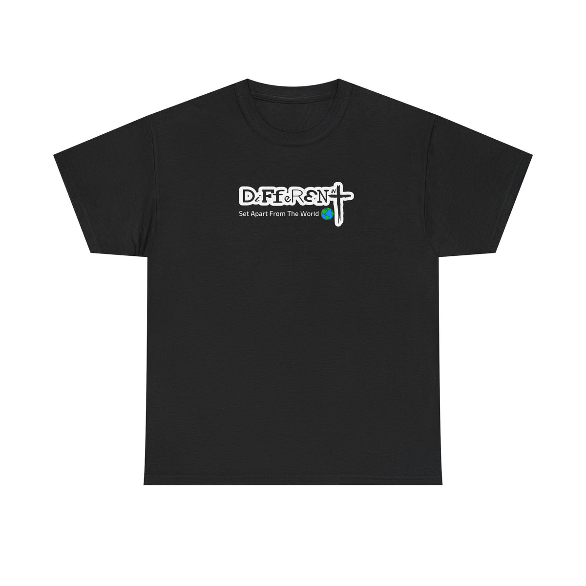 Black crew-neck T-shirt with front logo graphic
