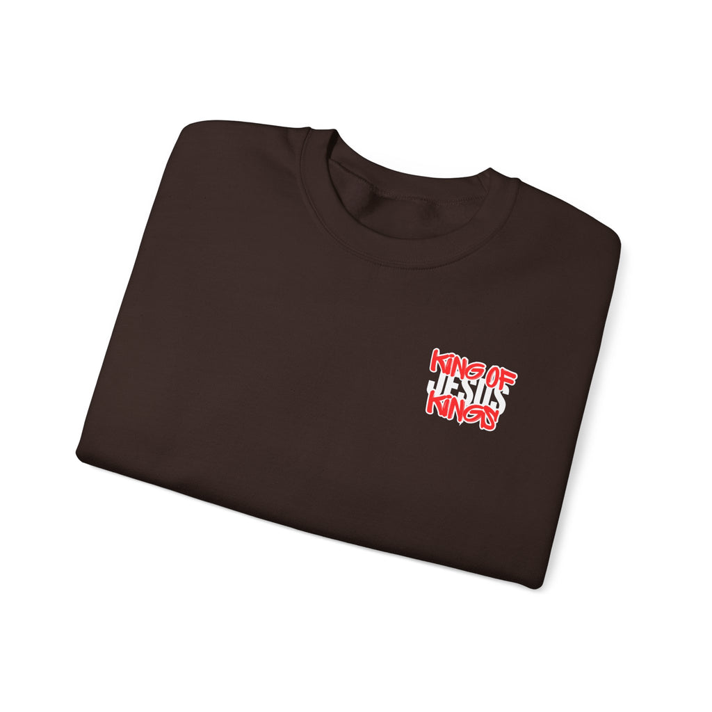 Dark chocolate crewneck T-shirt sweater with Psalm 23 text and red/white chest graphic