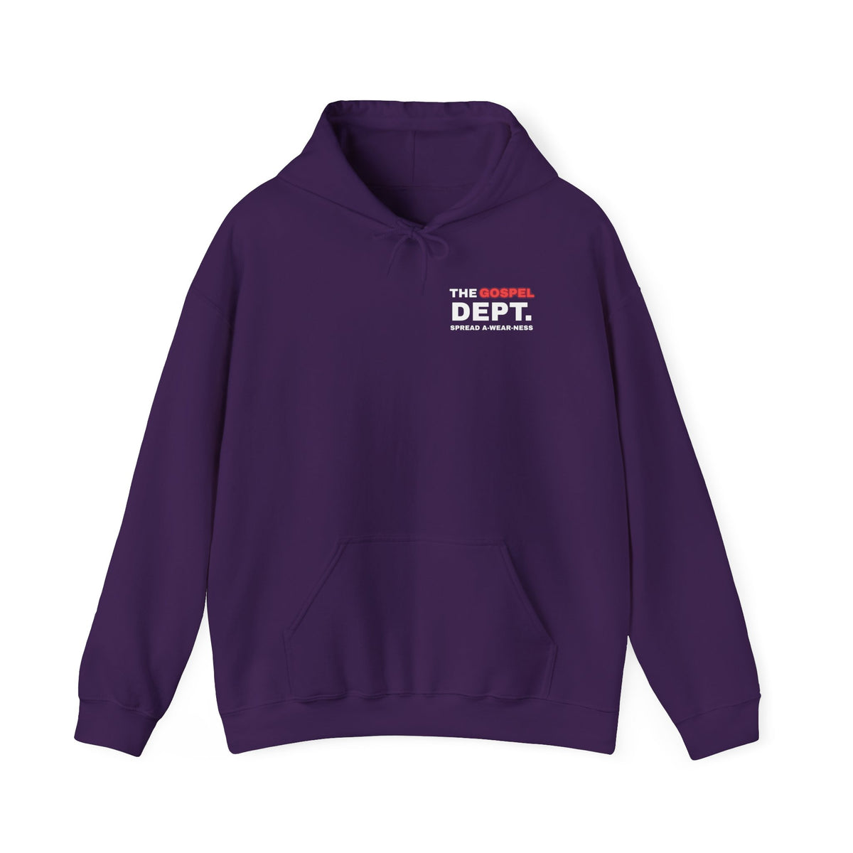 Purple pullover hoodie with front pocket, drawstring hood, chest logo