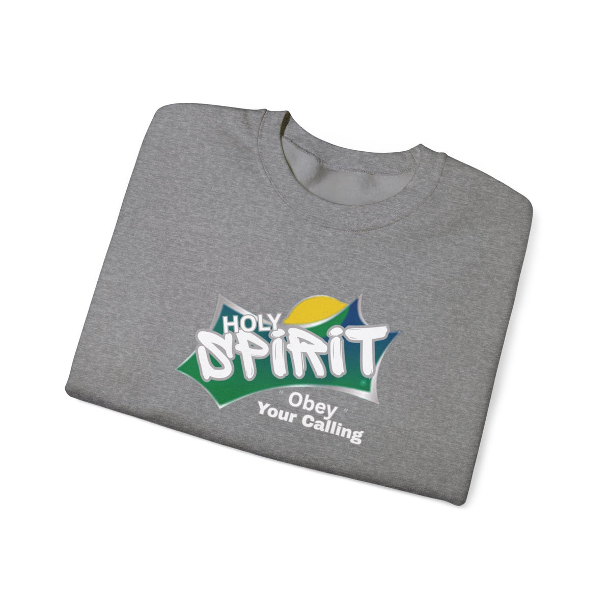 Heather gray long-sleeve crew sweatshirt with multicolor “Holy Spirit” logo