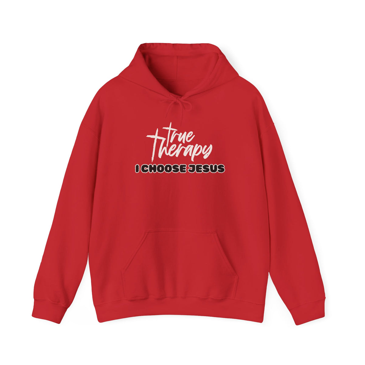 Red hoodie with kangaroo pocket, drawstring hood, and front “The Therapy” graphic