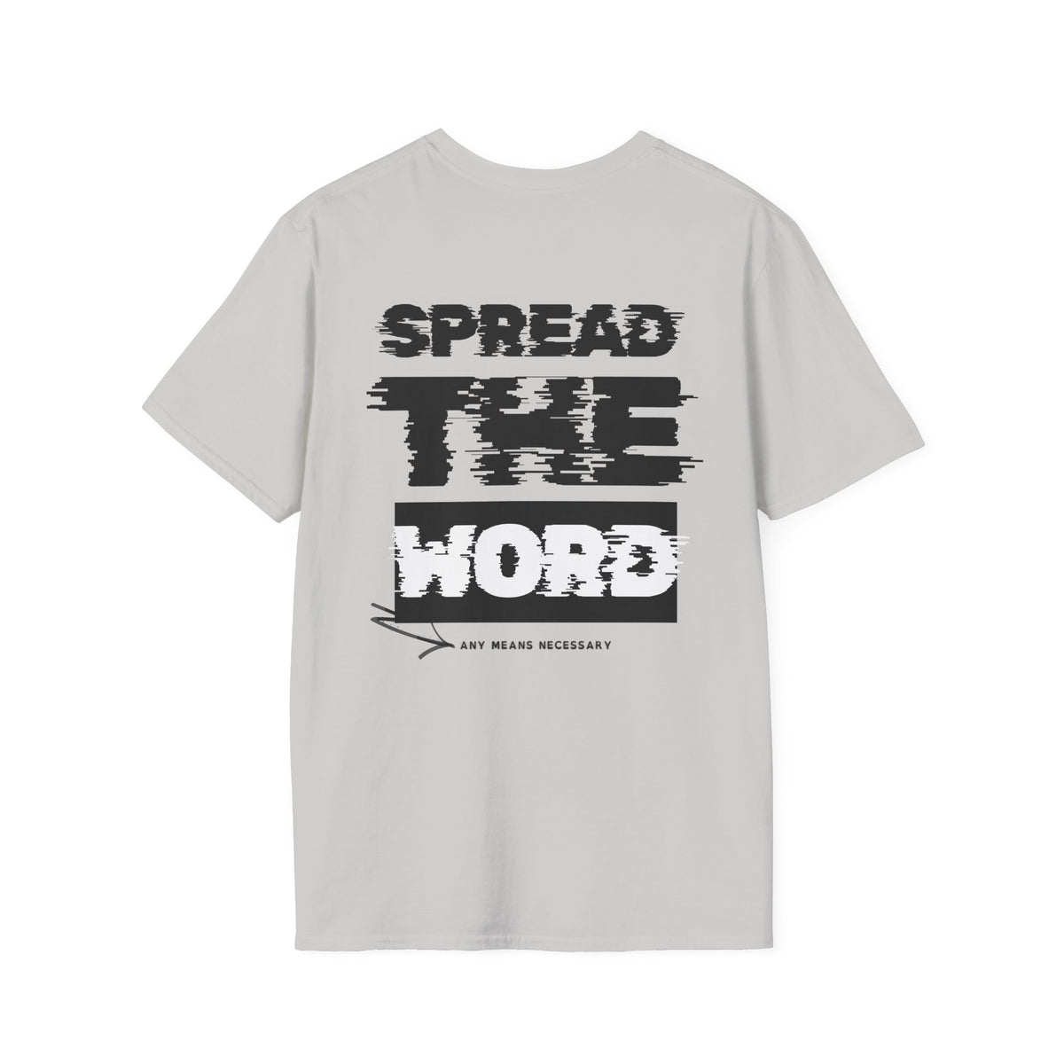 Light gray T-shirt with bold distressed front graphic print