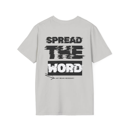 Light gray T-shirt with bold distressed front graphic print