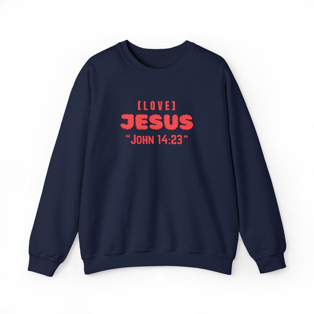 Navy crewneck sweater with “I LOVE JЕSUS” and “JOHN 14:23” graphic