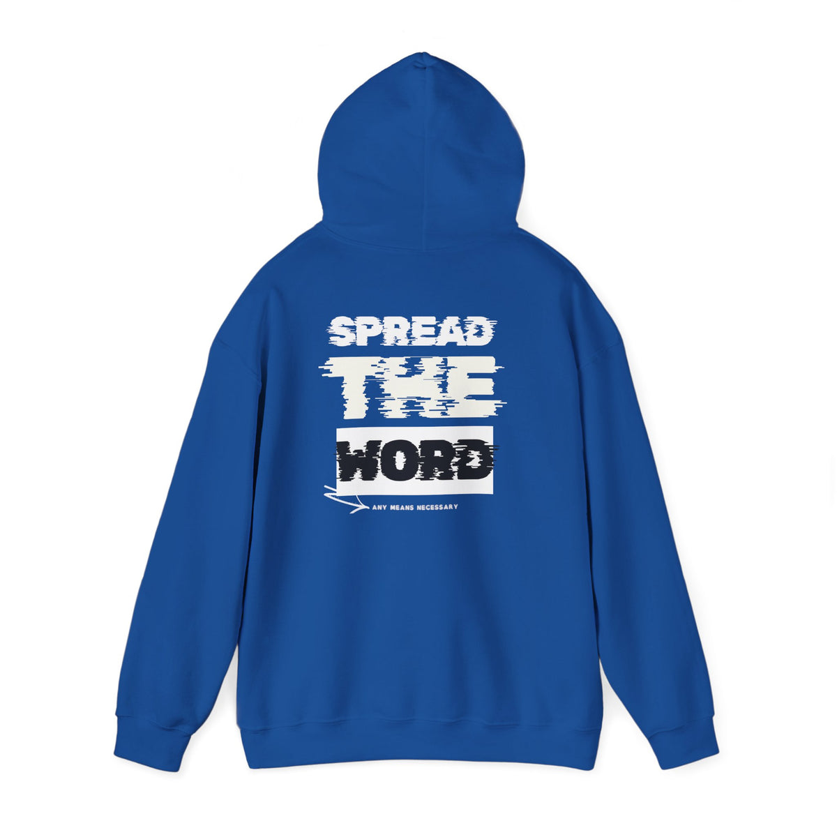 Navy hoodie with drawstring hood and large back “SPREAD THE WORD” print
