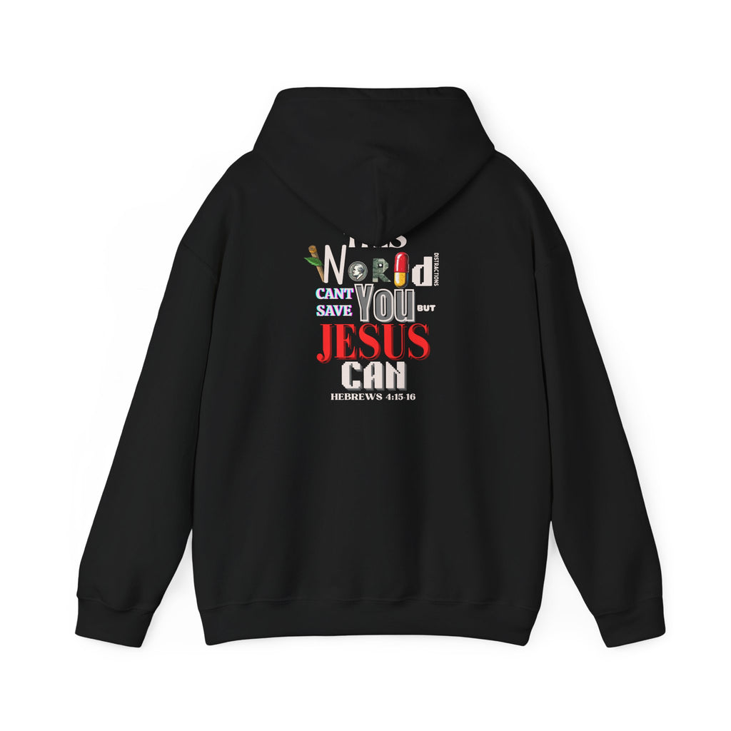 Black hoodie with drawstring hood and large back “World” and “Jesus” graphic