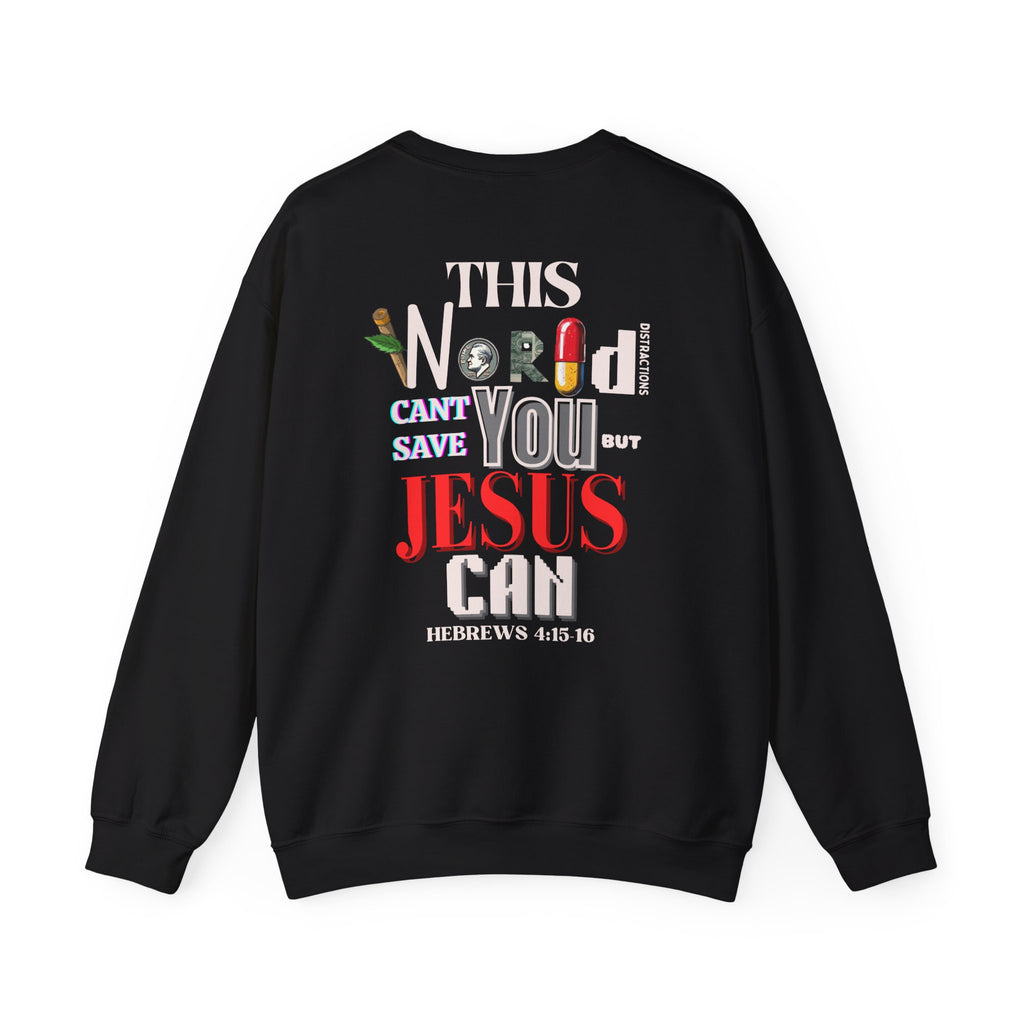 Black crewneck sweater with large back graphic text design