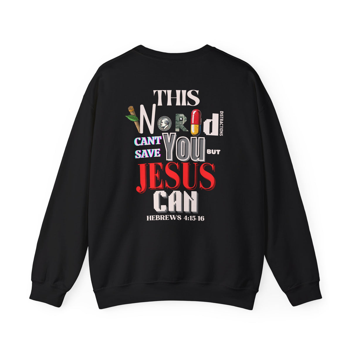 Black crewneck sweater with large back graphic text design