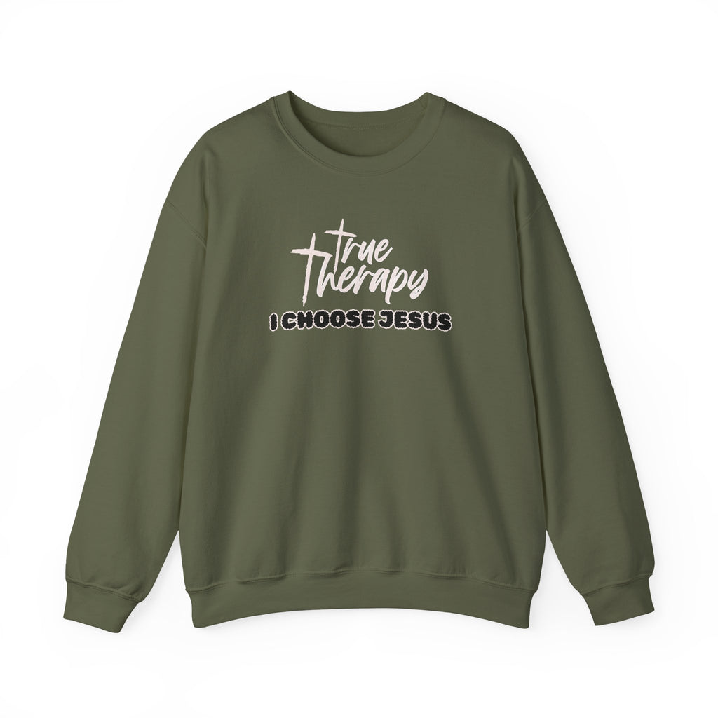 Olive green crewneck sweater with long sleeves and front graphic print