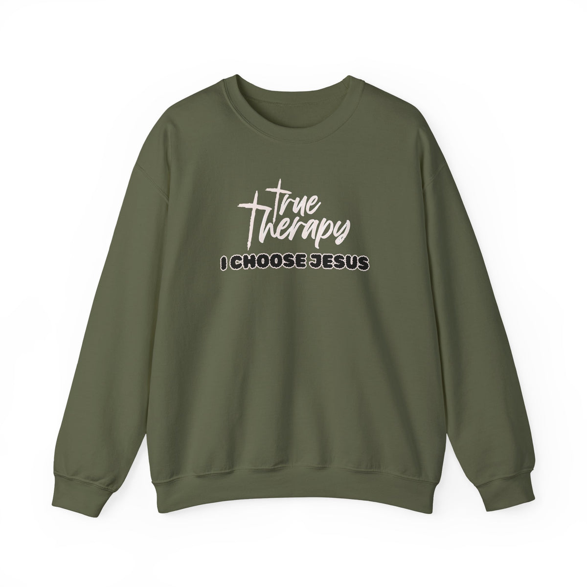 Olive green crewneck sweater with long sleeves and front graphic print