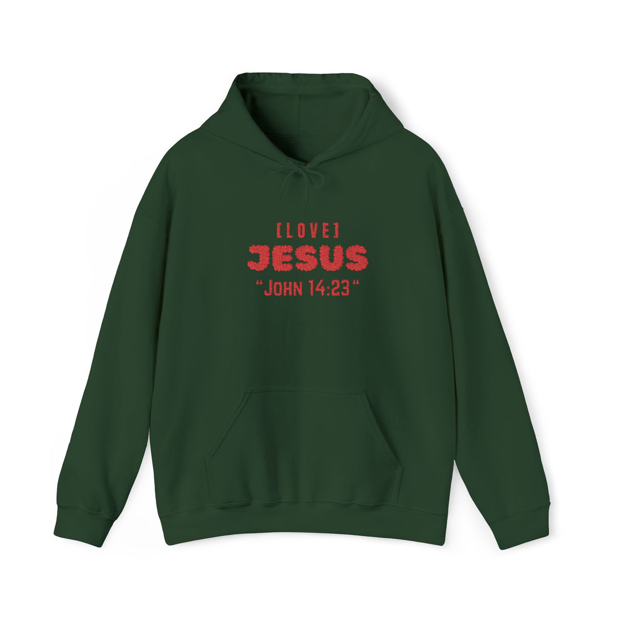 Forest green hoodie with front pocket and red 'LOVE JESUS' text