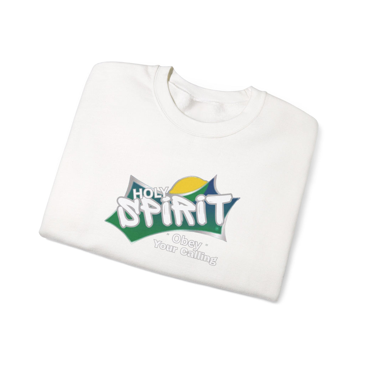 White long-sleeve crew sweatshirt with multicolor “Holy Spirit” logo