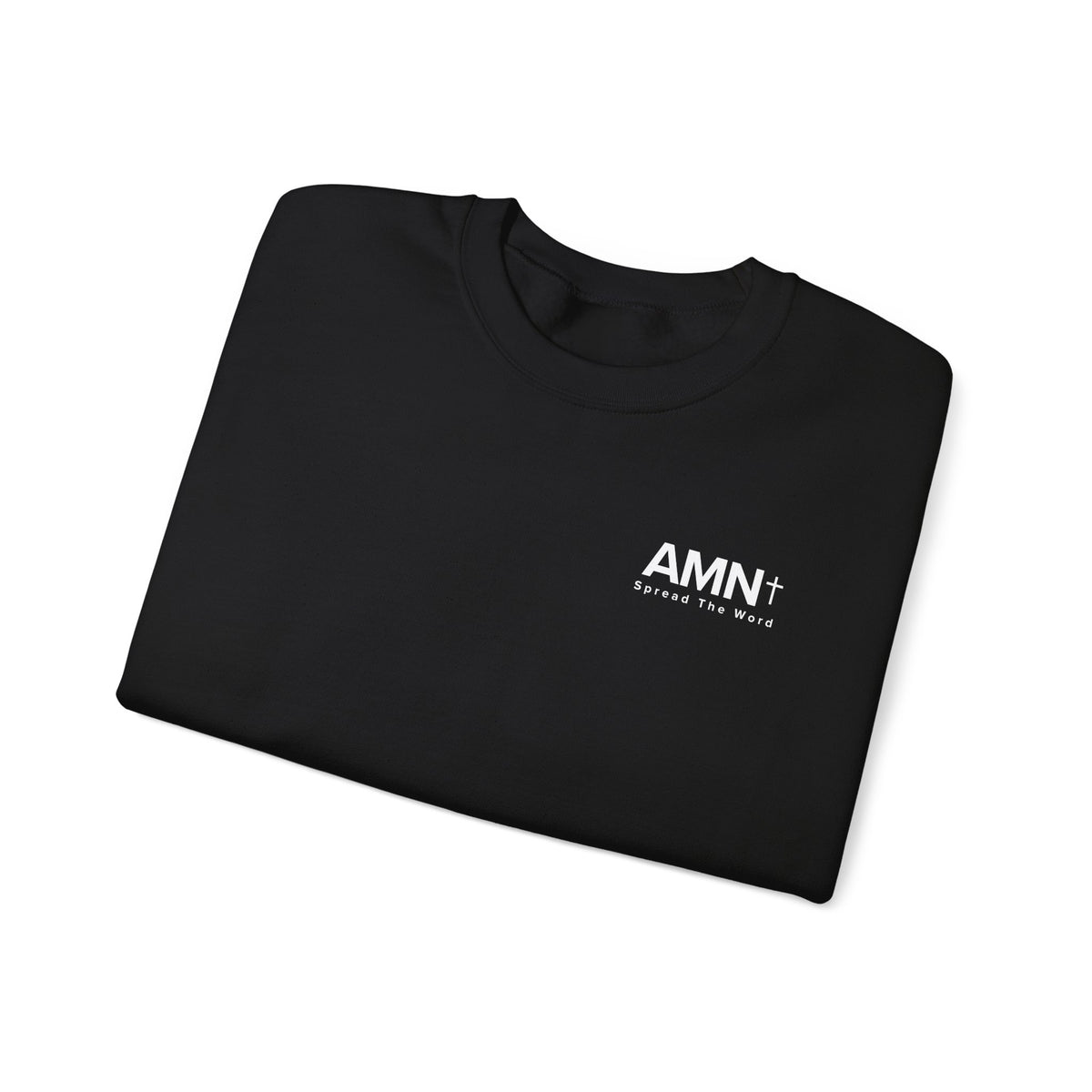 Black crewneck sweater folded with AMN+ logo on the front.