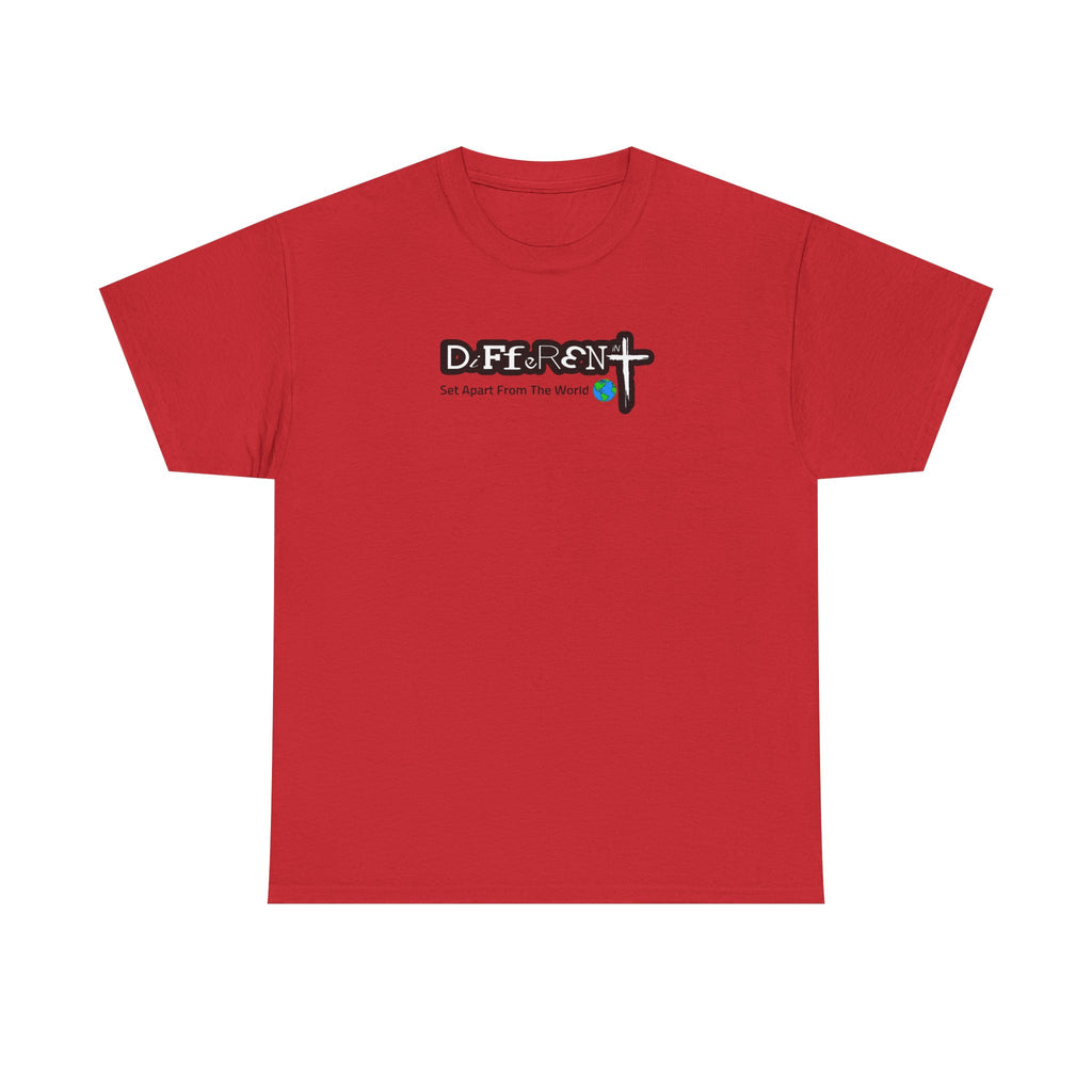 Red crewneck T-shirt with small front typographic logo graphic