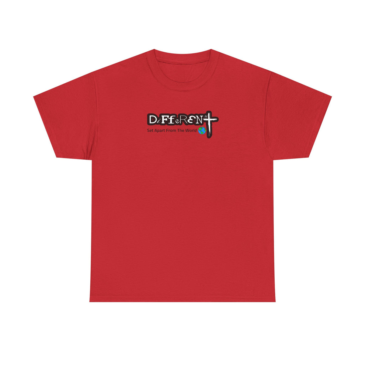 Red crewneck T-shirt with small front typographic logo graphic