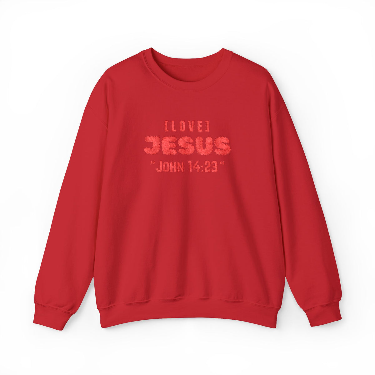 Red crewneck sweater with “I LOVE JЕSUS” and “JOHN 14:23” graphic