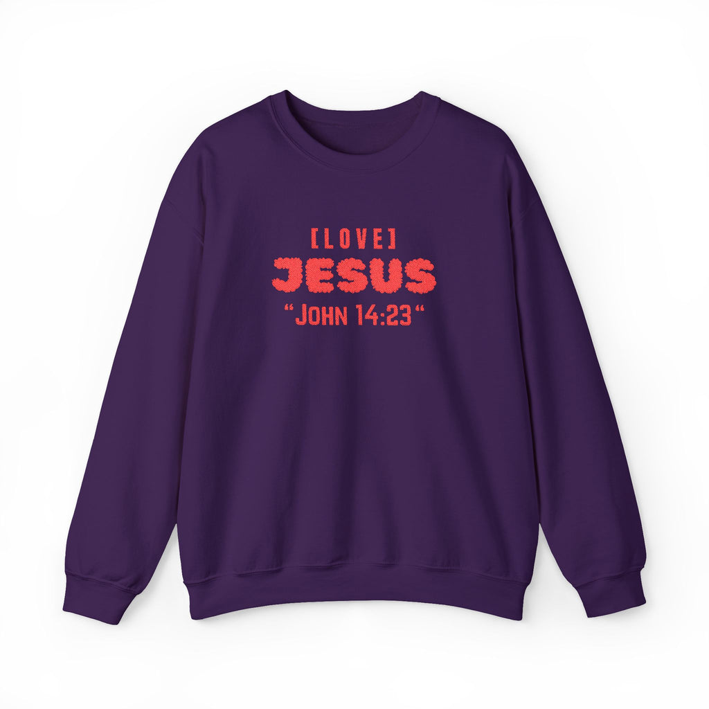 Purple crewneck sweater with “I LOVE JЕSUS” and “JOHN 14:23” graphic