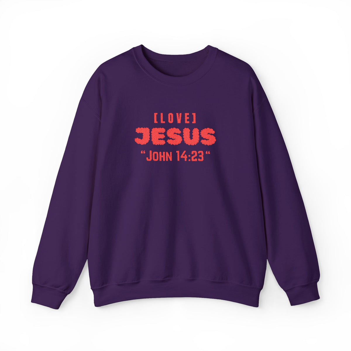 Purple crewneck sweater with “I LOVE JЕSUS” and “JOHN 14:23” graphic