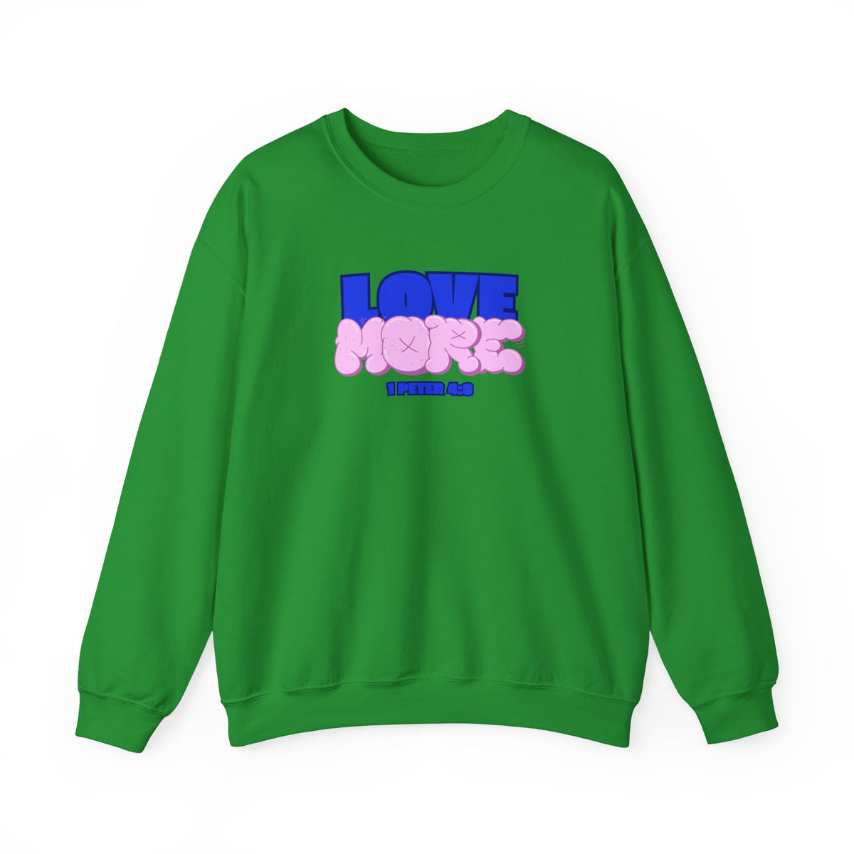 Love More sweater in Irish green, crewneck with blue LOVE graphic and pink plush-style shapes