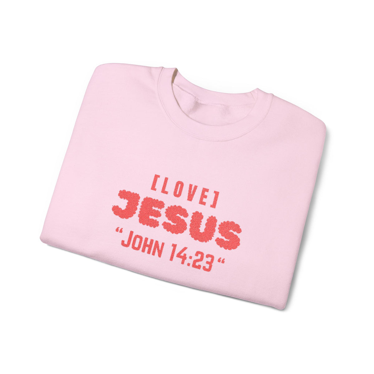 Light pink crewneck sweater with “I LOVE JЕSUS” and “JOHN 14:23” graphic