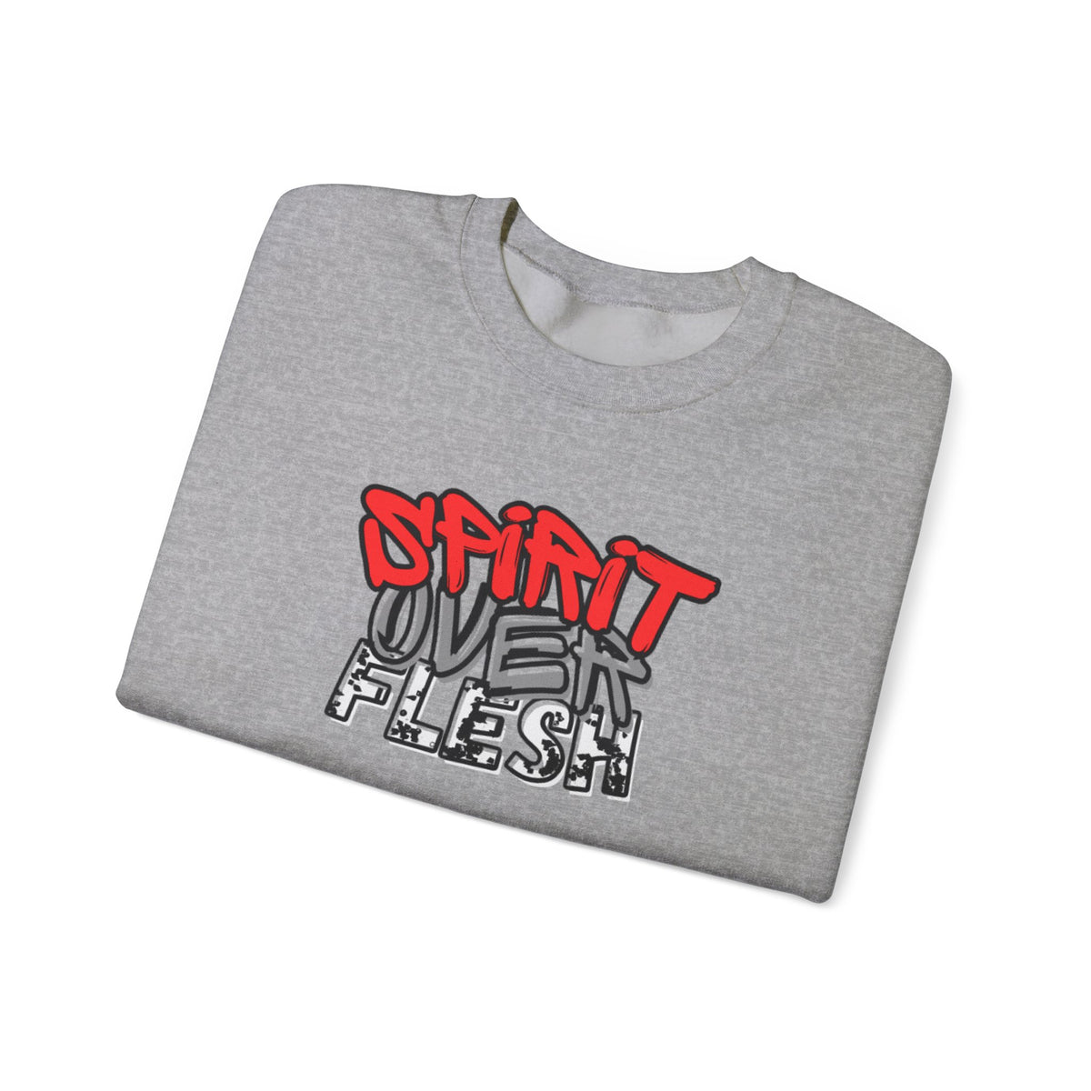 Heather gray crewneck sweater with long sleeves and red/white “Spirit Over Flesh” graphic