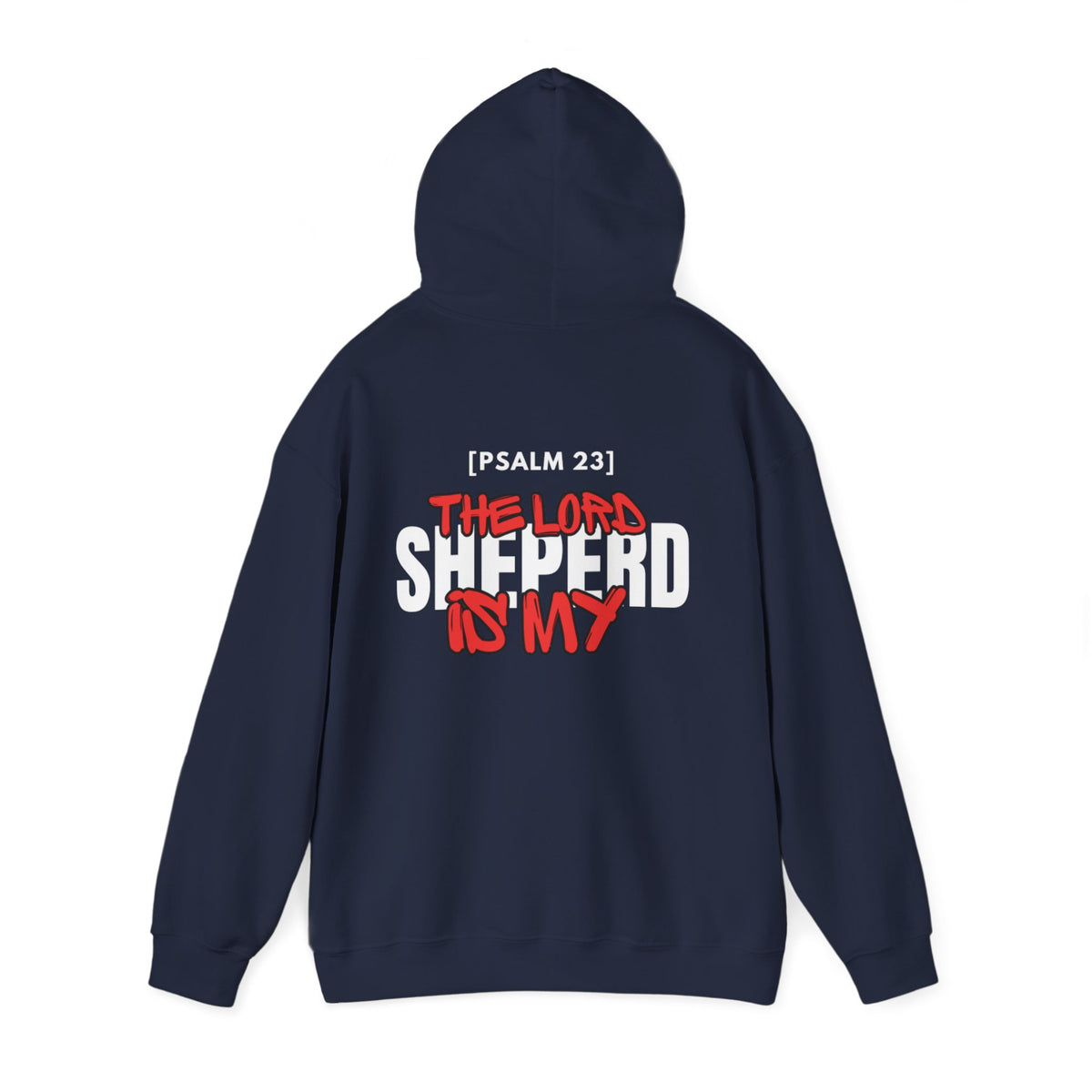 Navy pullover hoodie with hood and printed chest graphic, back view