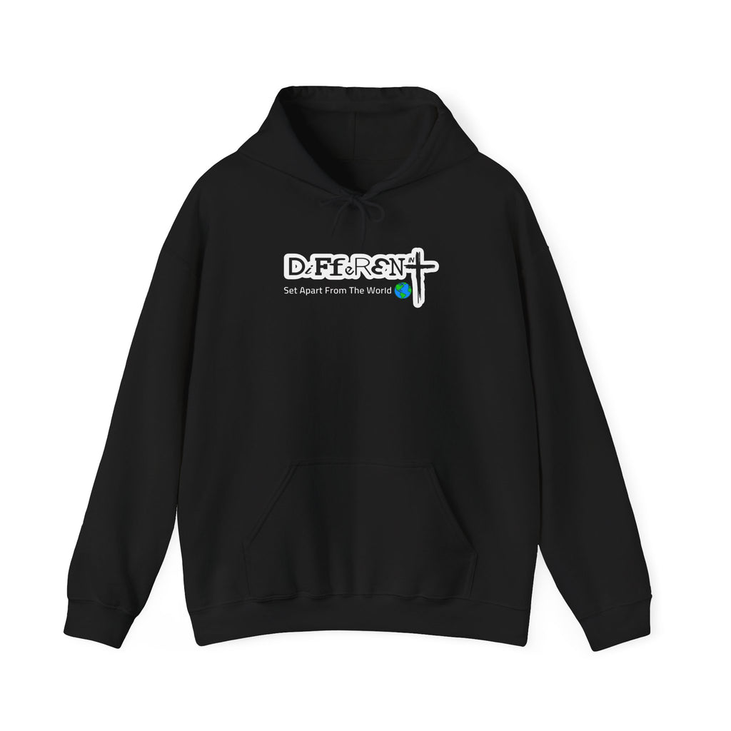 Black hoodie with drawstring hood and chest “DiFfeR3Nt” logo print