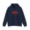 Navy hoodie with front pocket and red 'LOVE JESUS' text