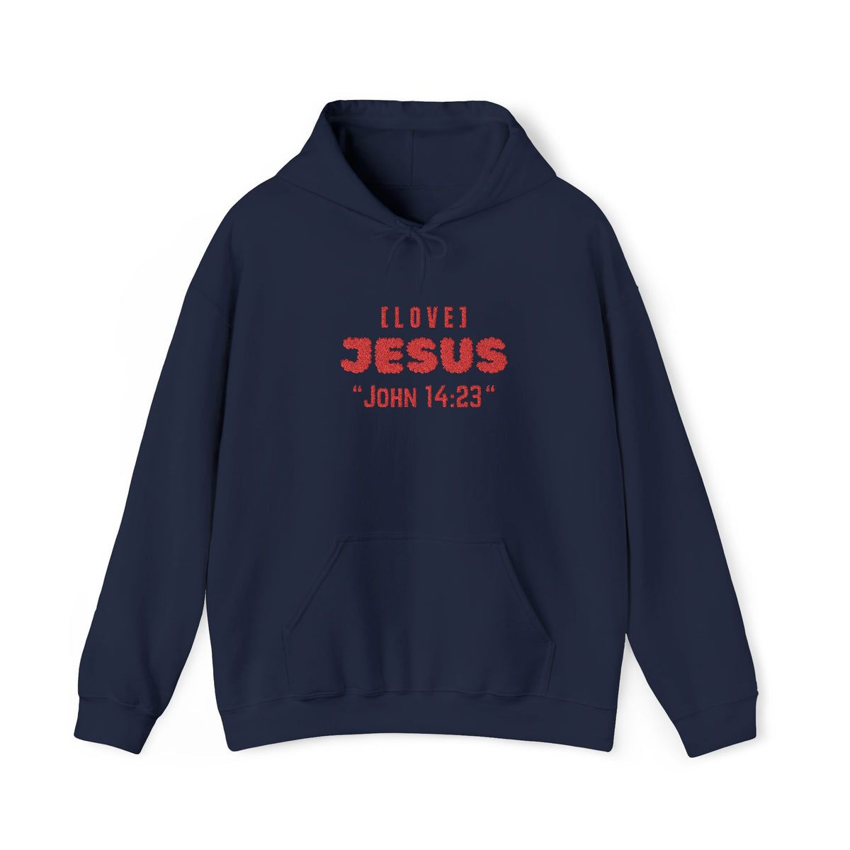 Navy hoodie with front pocket and red 'LOVE JESUS' text