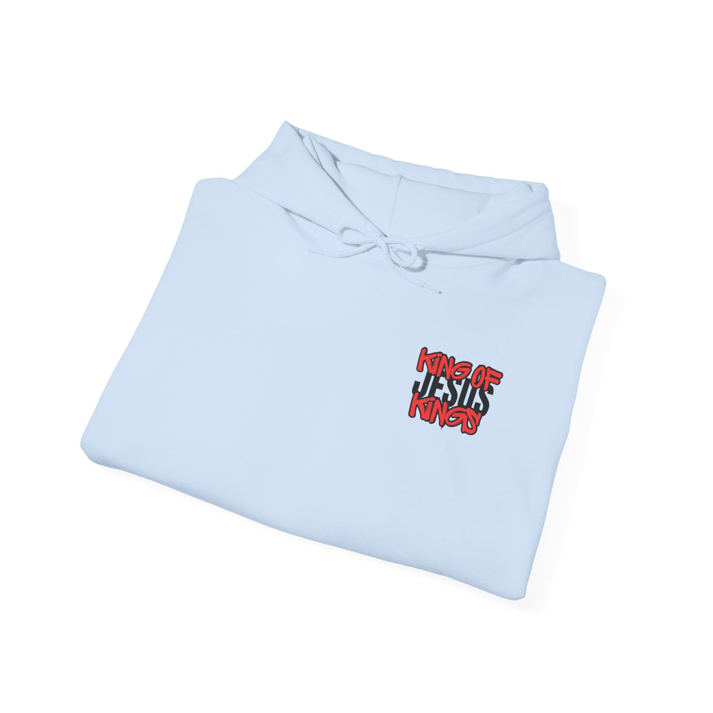 Light blue hoodie with front graphic logo and drawstring hood