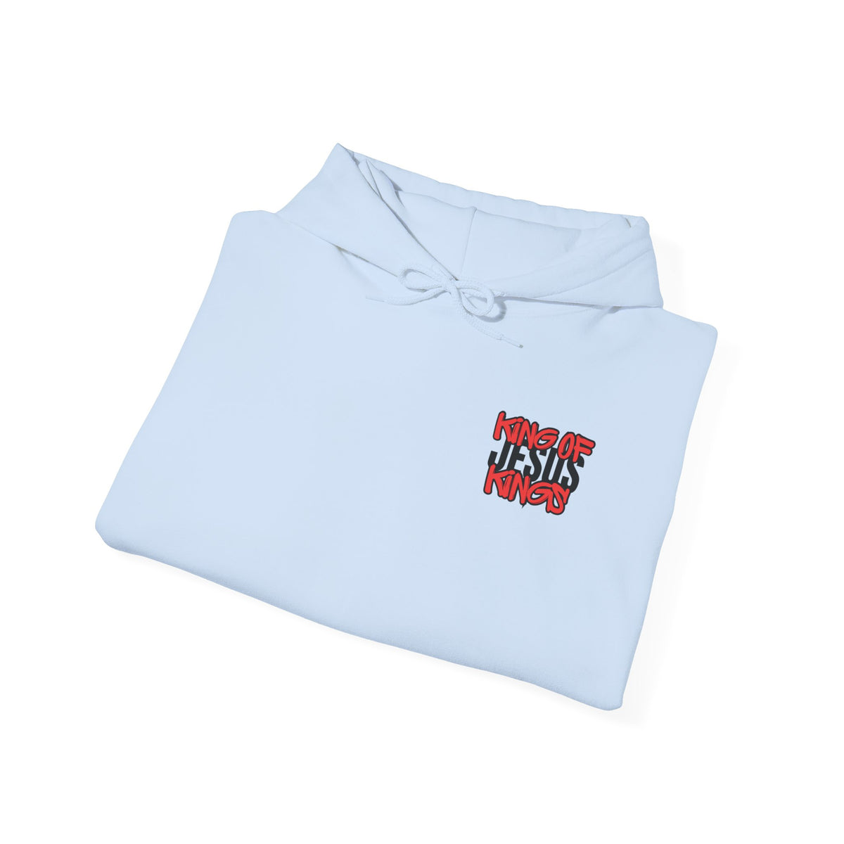 Light blue hoodie with front graphic logo and drawstring hood